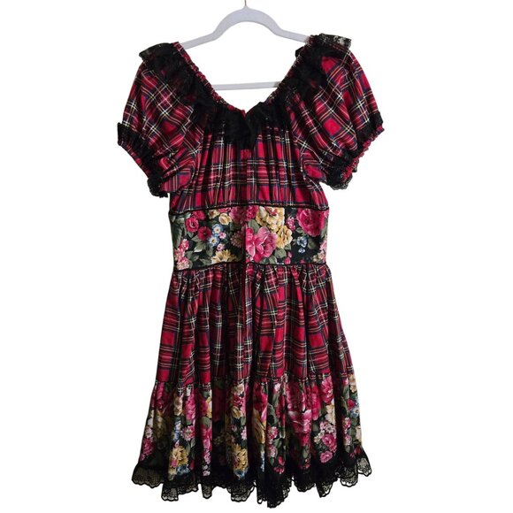 Stunning Mixed Pattern Rockabilly Plaid Floral Black Lace Handmade Dress Size S - Picture 3 of 7